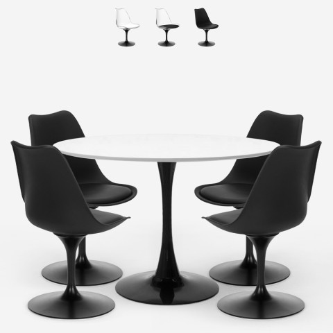 Set Tulipan tafel rond 120cm en 4 stoelen in polycarbonaat wit zwart Crayon+ Aanbieding