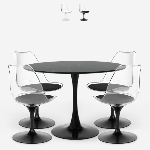 Set 4 stoelen en Tulipan ronde tafel 120cm wit zwart marmer effect Liwat+ Aanbieding