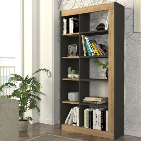 Moderne boekenkast met 10 antraciet zwarte houten planken 75x25x150cm Kevork Aanbieding