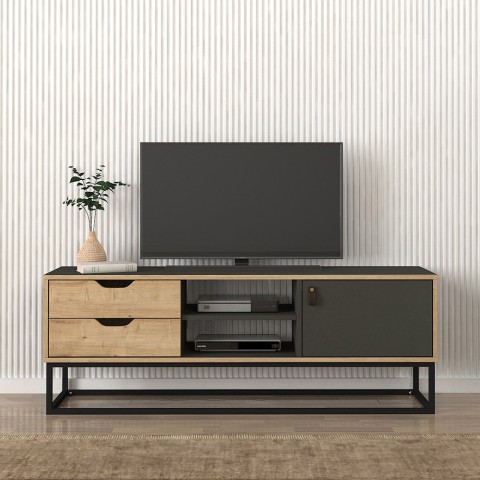 Zwart metalen en houten tv-meubel in industriële stijl met 2 lades Dolores Aanbieding