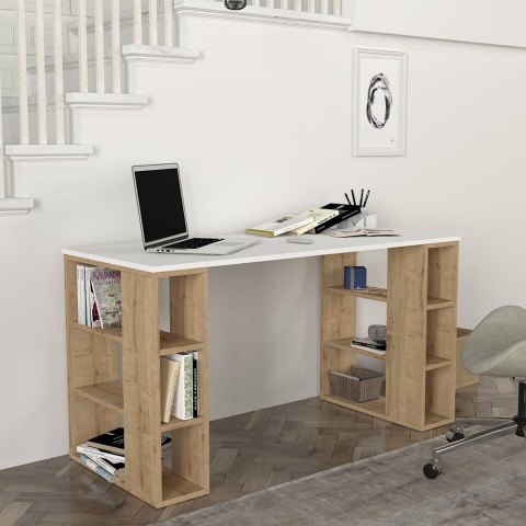 Wit en houten bureau met 6 planken 140x60x75cm Leonardo Aanbieding