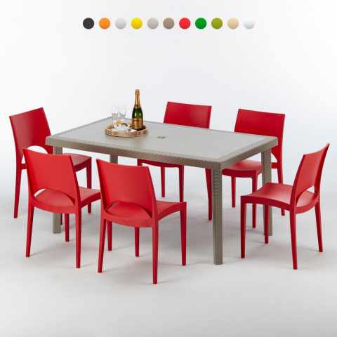 Rechthoekige salontafel beige 150x90 cm met stalen onderstel en 6 gekleurde stoelen Marion
