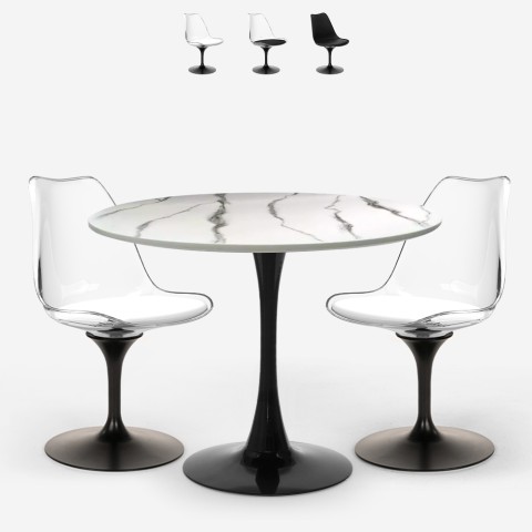 Set Tulipan tafel rond 80cm marmer effect en 2 stoelen wit zwart Lapis Aanbieding