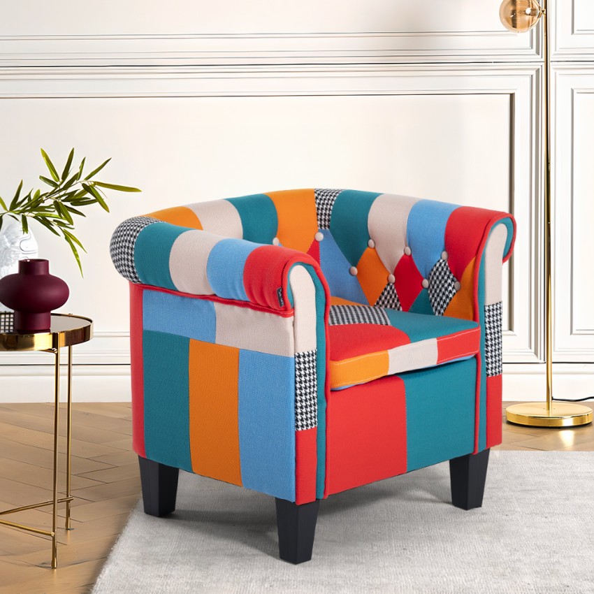 Patchwork fauteuil in veelkleurige stof en modern design Caen Aanbieding Patchwork fauteuil in veelkleurige stof en modern design Caen Aanbieding
