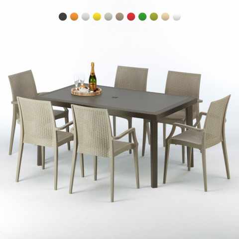 Rechthoekige salontafel bruin 150x90 cm en 6 gekleurde stoelen Focus Aanbieding