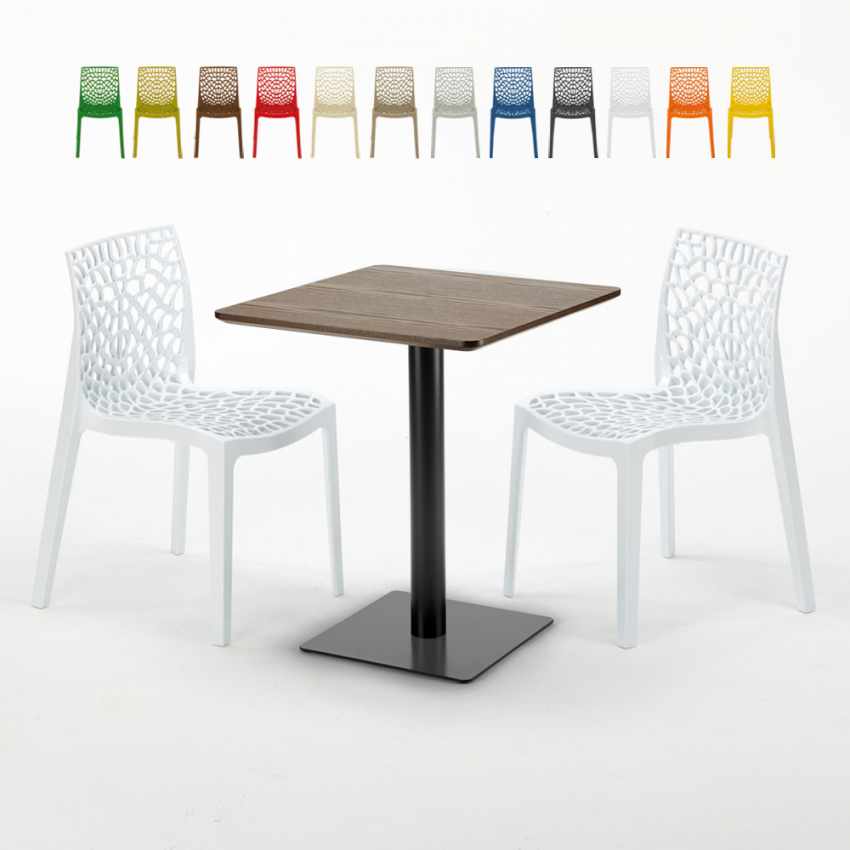 Vierkante tafel 60x60 cm Zwart onderstel en Houten top met 2 gekleurde stoelen Gruvyer Kiss Kortingen