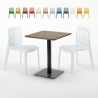 Vierkante tafel 60x60 cm Zwart onderstel en Houten top met 2 gekleurde stoelen Gruvyer Kiss Kortingen