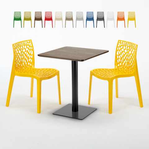 Vierkante tafel 60x60 cm Zwart onderstel en Houten top met 2 gekleurde stoelen Gruvyer Kiss