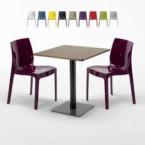 Vierkante Tafel 60x60 cm Houten Effect Top met 2 gekleurde stoelen Ice Kiss