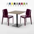 Vierkante Tafel 60x60 cm Houten Effect Top met 2 gekleurde stoelen Ice Kiss Aanbieding