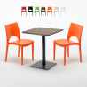 Vierkante tafel 60x60 cm Zwart onderstel en Houten top met 2 gekleurde stoelen Paris Kiss Aanbieding