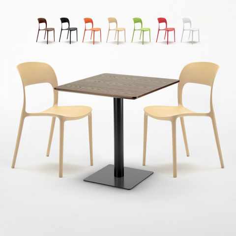 Vierkante Tafel 60x60 cm Houten Effect Top met 2 gekleurde stoelen Restaurant Kiss