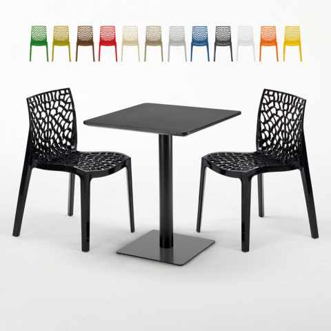 Vierkante salontafel zwart 60x60 cm met stalen onderstel en 2 gekleurde stoelen Paris Licorice