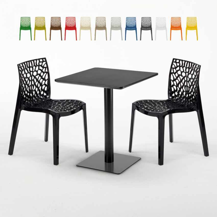 Vierkante salontafel zwart 60x60 cm en 2 gekleurde stoelen Paris Licorice Aanbieding