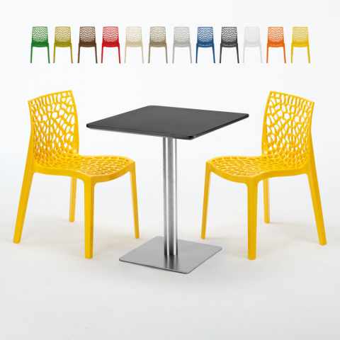 Vierkante tafel 60x60 cm Stalen onderstel en zwart top met 2 gekleurde stoelen Gruvyer Pistachio