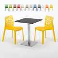 Vierkante tafel 60x60 cm stalen poot en zwart blad met 2 gekleurde stoelen Gruvyer Pistachio Aanbieding