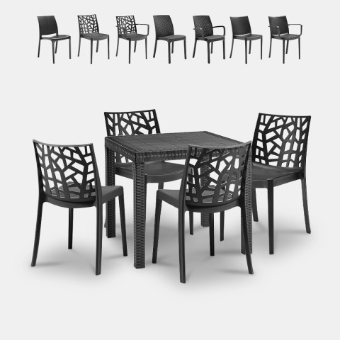 Zwart tuinset met vierkante rotan tafel 80x80 cm en 4 stoelen Nisida Dark Aanbieding