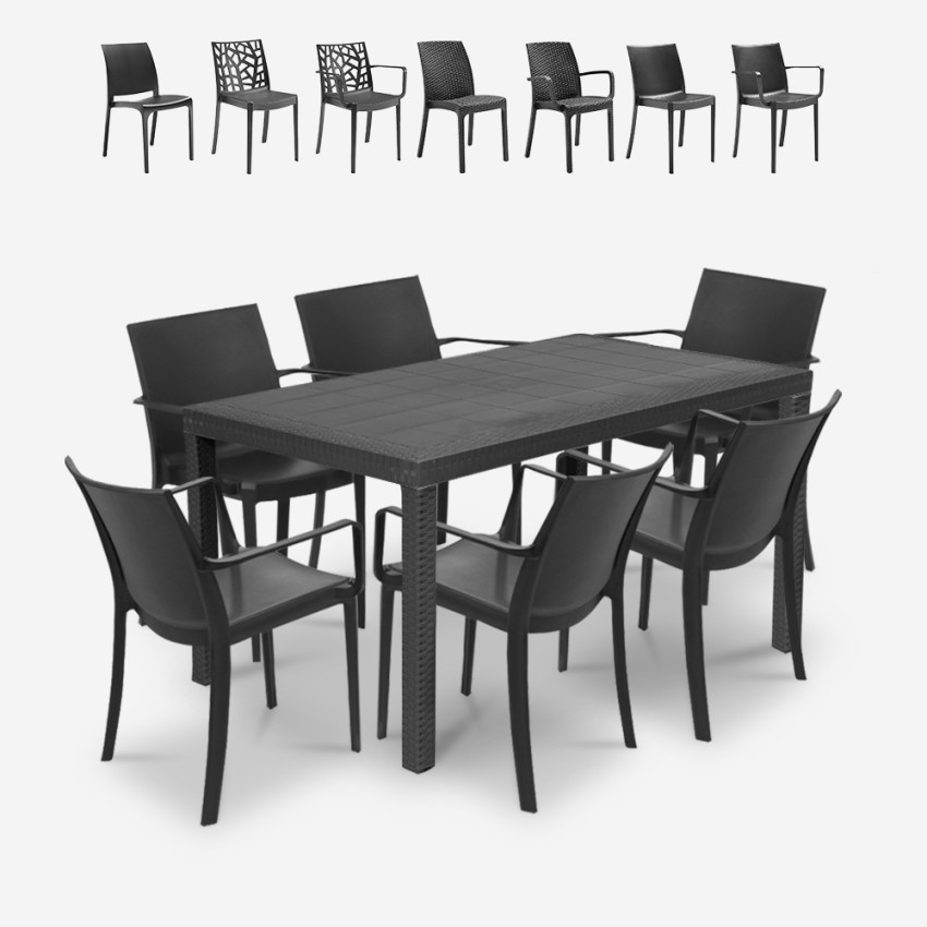 Tuinset met rechthoekige rotan tafel 150x90 cm en 6 stoelen zwart Meloria Dark Afmetingen Tuinset met rechthoekige rotan tafel 150x90 cm en 6 stoelen zwart Meloria Dark Afmetingen