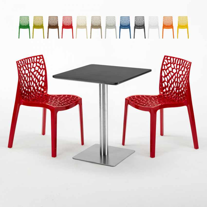 Vierkante tafel 60x60 cm stalen poot en zwart blad met 2 gekleurde stoelen Gruvyer Pistachio Karakteristieken