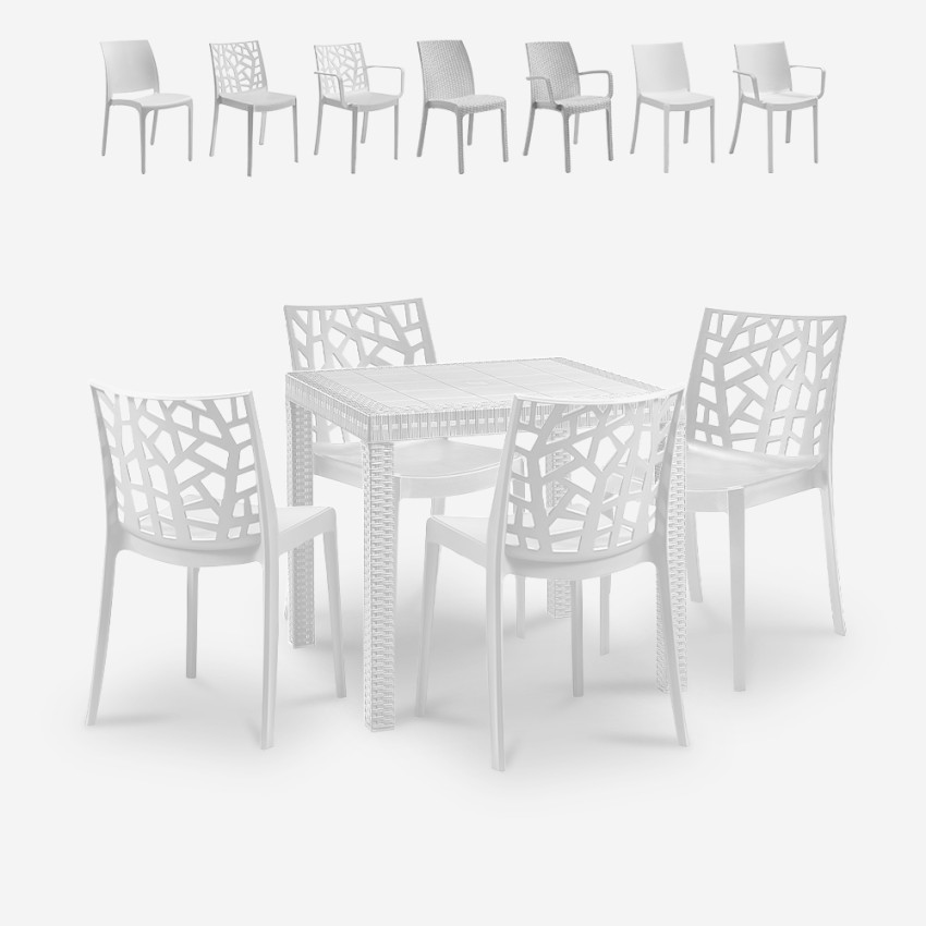 Witte tuinset met vierkante rotan tafel 80x80 cm en 4 stoelen Nisida Light Kortingen
