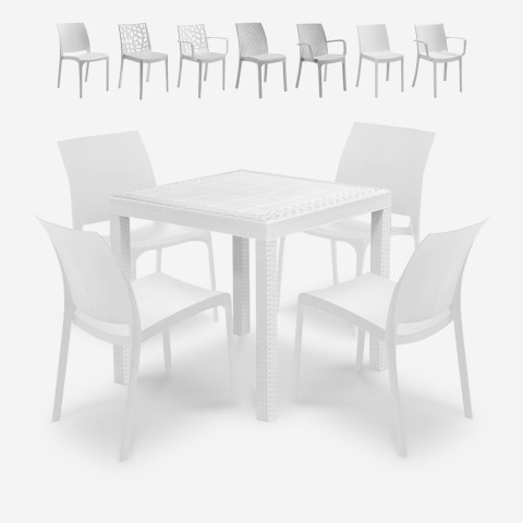 Witte tuinset met vierkante rotan tafel 80x80 cm en 4 stoelen Nisida Light Aanbieding