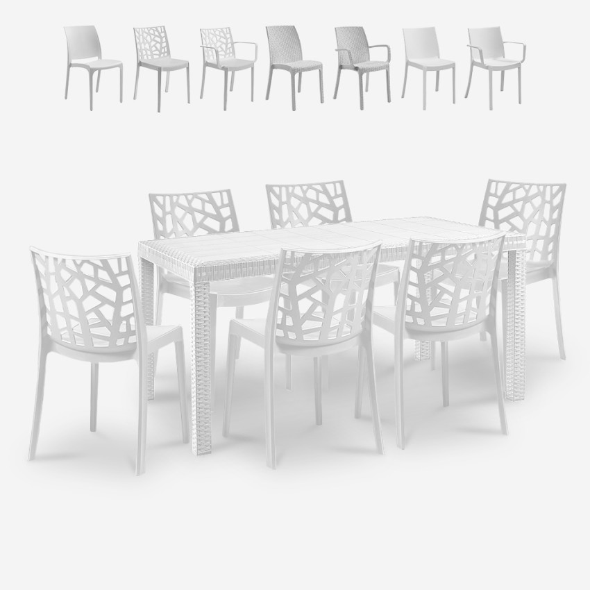 Witte tuinset met rotan tafel van 150x90 cm en 6 stoelen Meloria Light Voorraad