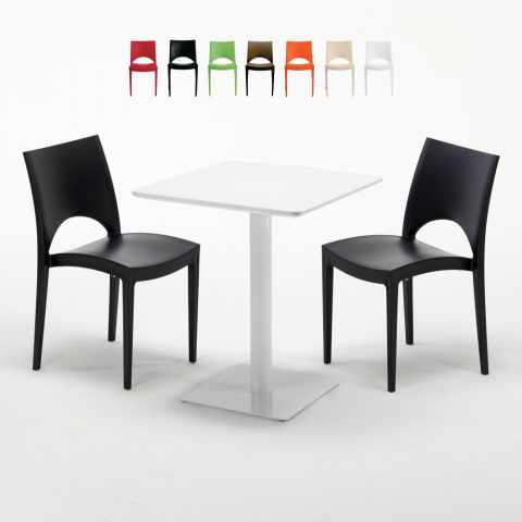 Vierkante salontafel wit 60x60 cm met stalen onderstel en 2 gekleurde stoelen Paris Lemon