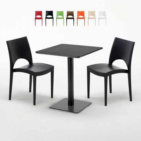 Vierkante salontafel zwart 60x60 cm met stalen onderstel en 2 gekleurde stoelen Paris Licorice