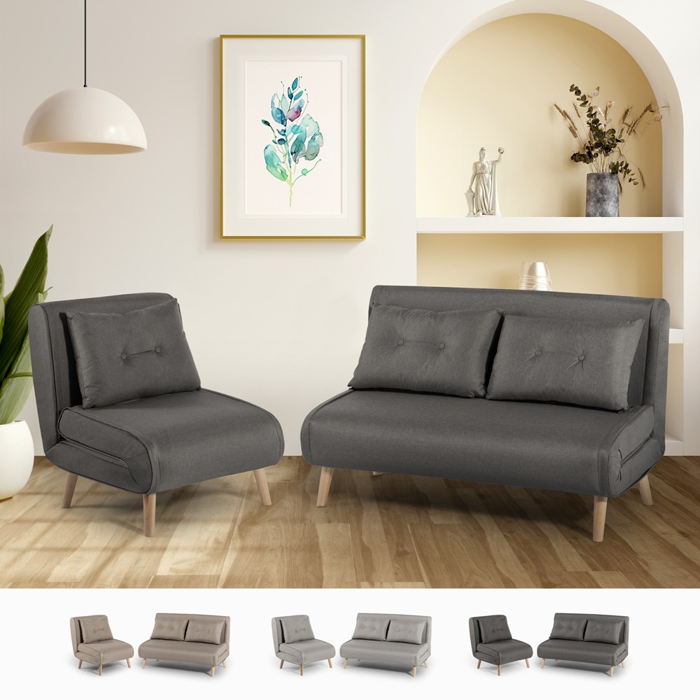 Set stoffen 2-zits slaapbank en opklapbare fauteuil in Scandinavische stijl Sienna