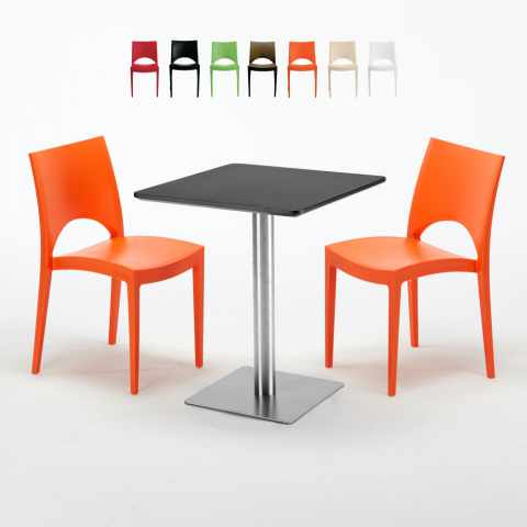 Vierkante tafel 60x60 cm Stalen onderstel en zwart top met 2 gekleurde stoelen Paris Pistachio Aanbieding