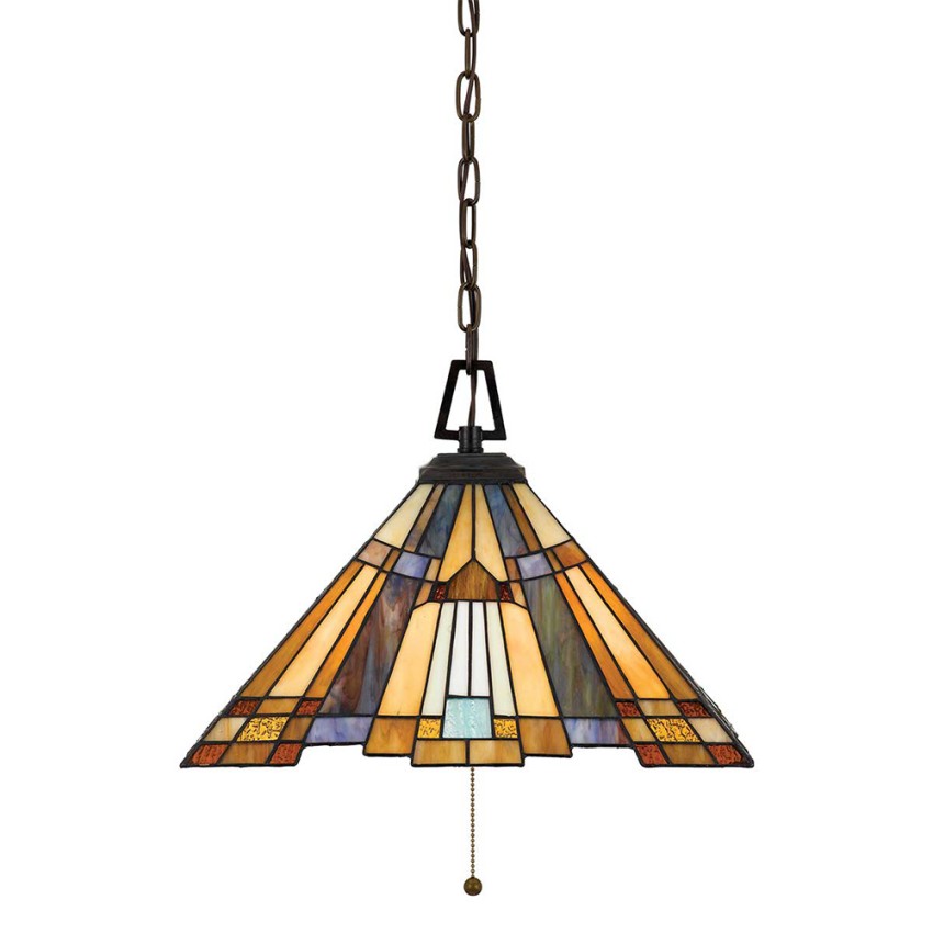 Tiffany hanglamp met gekleurd glaspaneel, 3 lampen, Inglenook Aanbieding Tiffany hanglamp met gekleurd glaspaneel, 3 lampen, Inglenook Aanbieding