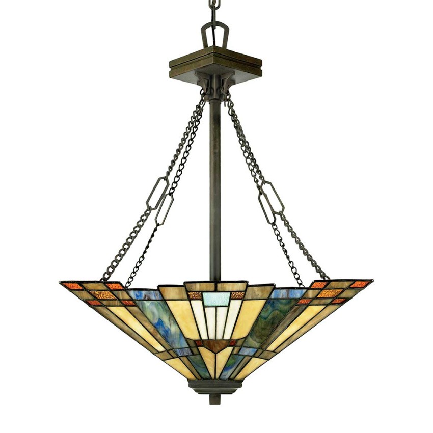 Klassieke Tiffany-stijl kroonluchter, 3-lamps glazen kap Inglenook Aanbieding