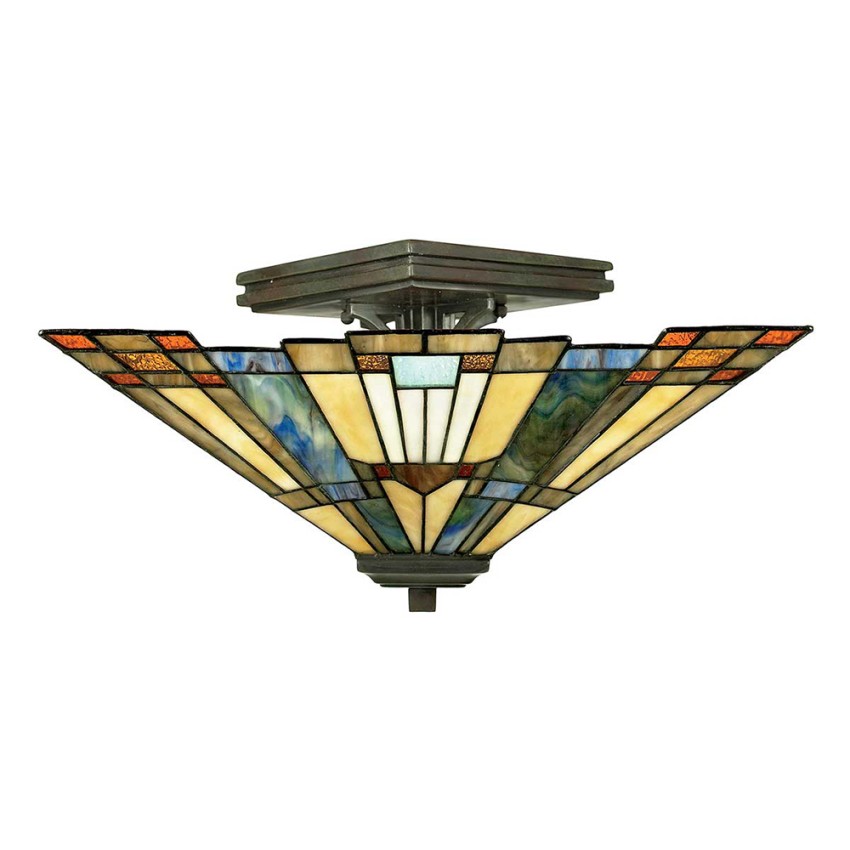 Tiffany plafondlamp met klassiek ontwerp, 2 lichts Inglenook lampenkap Aanbieding Tiffany plafondlamp met klassiek ontwerp, 2 lichts Inglenook lampenkap Aanbieding