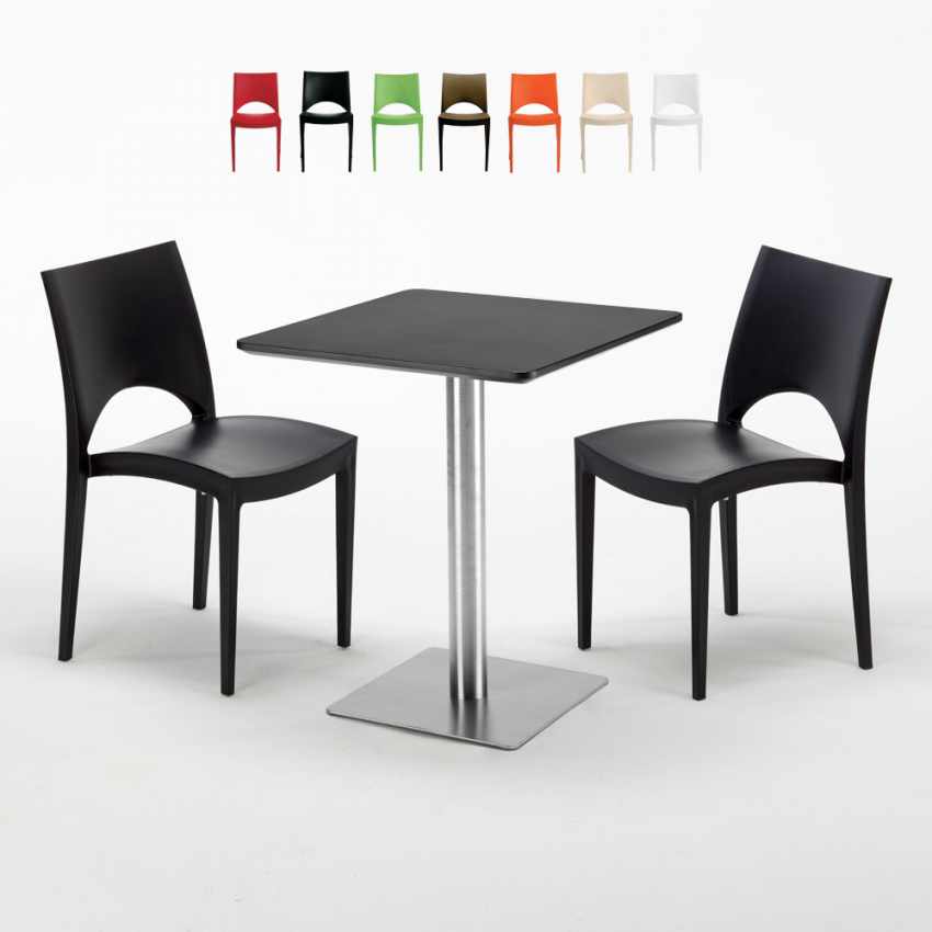Vierkante tafel 60x60 cm Stalen onderstel en zwart top met 2 gekleurde stoelen Paris Pistachio Kortingen
