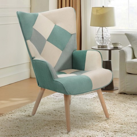 Patchwork fauteuil in Scandinavische stijl in wit, blauw en hout Chapty Aanbieding