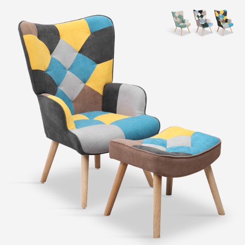 Set fauteuil patchwork + voetenbank Scandinavische stijl Chapty Plus. Aanbieding