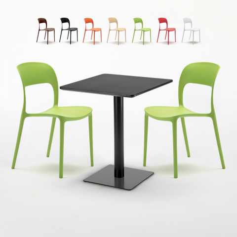 Vierkante salontafel zwart 60x60 cm met stalen onderstel en 2 gekleurde stoelen Restaurant Licorice