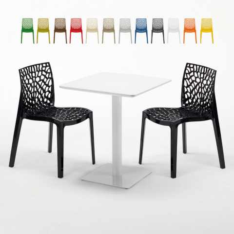 Vierkante salontafel wit 60x60 cm met stalen onderstel en 2 gekleurde stoelen Gruvyer Lemon