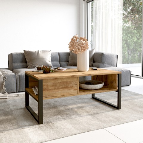 Lage salontafel 100x60 cm in industriële stijl van hout en metaal Maupin Aanbieding