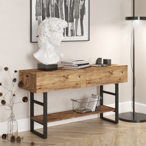 Houten en metalen consoletafel in industriële stijl met 2 laden Etage Aanbieding