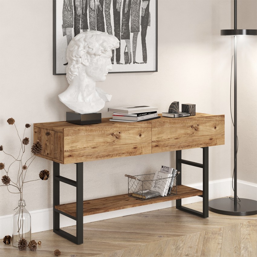 Houten en metalen consoletafel in industriële stijl met 2 laden Etage Aanbieding Houten en metalen consoletafel in industriële stijl met 2 laden Etage Aanbieding