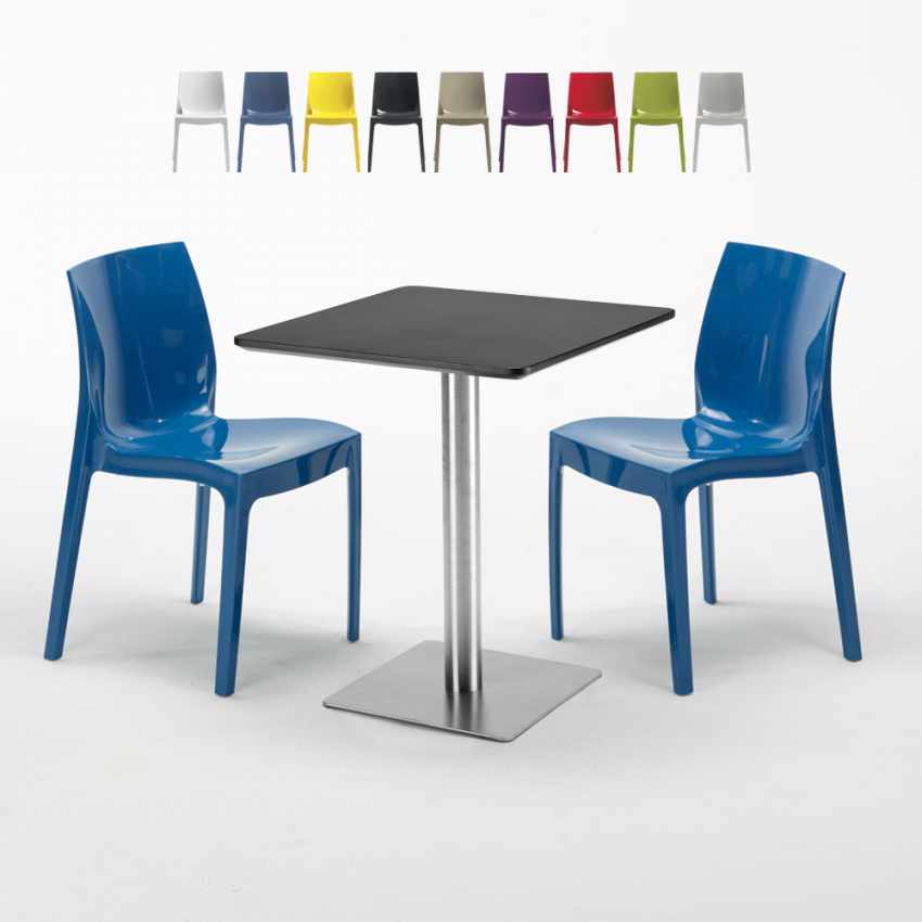 Vierkante tafel 60x60 cm stalen onderstel en zwart blad met 2 gekleurde stoelen Ice Pistachio Aanbieding