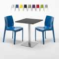 Vierkante tafel 60x60 cm stalen onderstel en zwart blad met 2 gekleurde stoelen Ice Pistachio Aanbieding