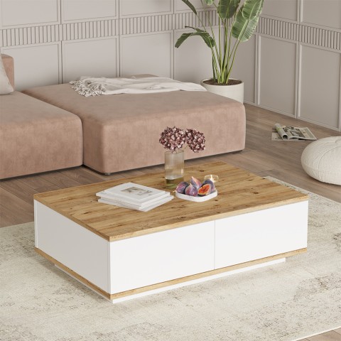 Lage witte en houten salontafel met 2 deuren 90x60 cm Tynne Aanbieding