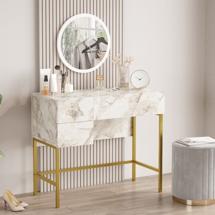 Mobiele make-up tafel met spiegel en 3 lades in wit marmer met gouden poten Helier Aanbieding