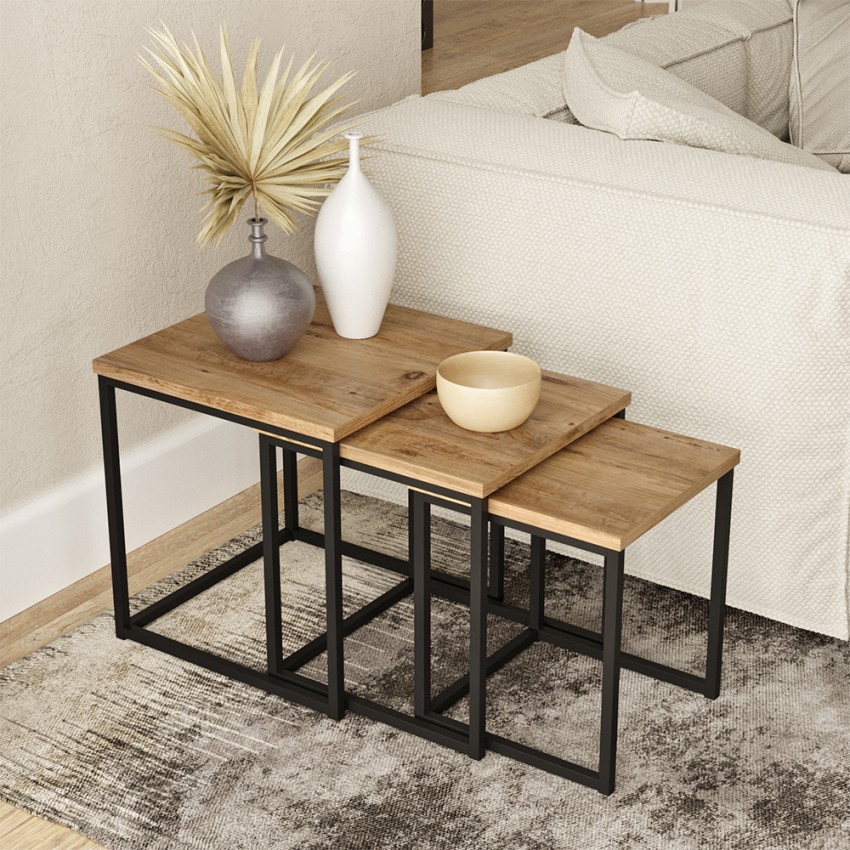 Set van 3 salontafels in industriële stijl van hout en zwart metaal Leron Aanbieding Set van 3 salontafels in industriële stijl van hout en zwart metaal Leron Aanbieding