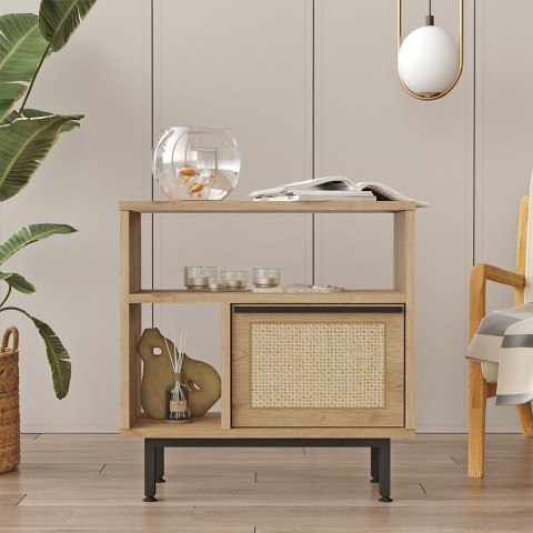 Houten kast 60x26x60 cm met 2 open vakken en een deur met rotaneffect Opoli Aanbieding