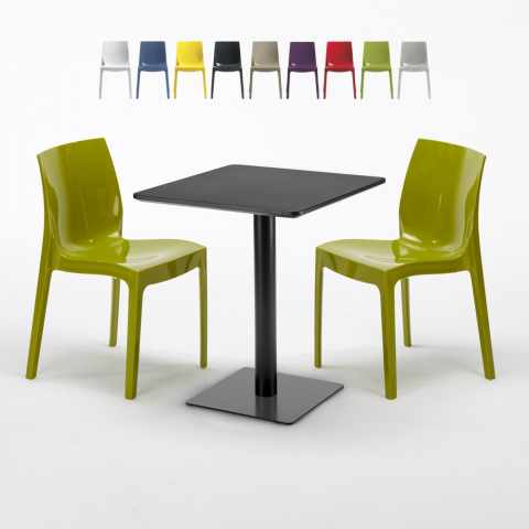 Vierkante salontafel zwart 60x60 cm met stalen onderstel en 2 gekleurde toelen Ice Licorice