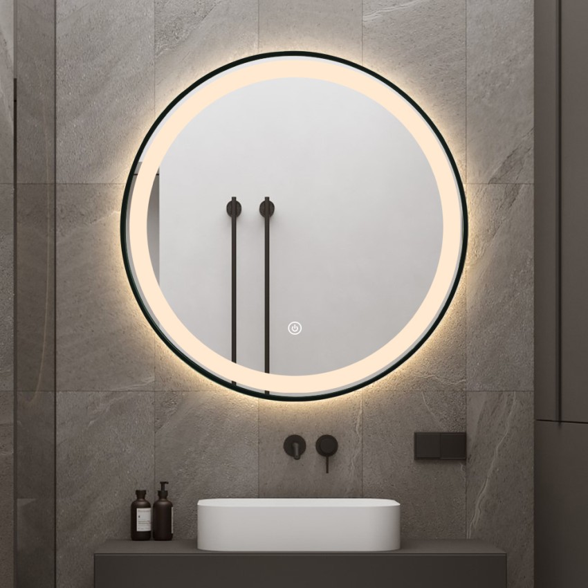 Ronde badkamerspiegel 80 cm met LED achtergrondverlichting en zwart frame Smidmur XL Aanbieding