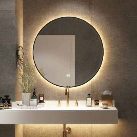 Spiegel badkamer led rond 70cm verlicht zwart frame Laugarv L. Aanbieding